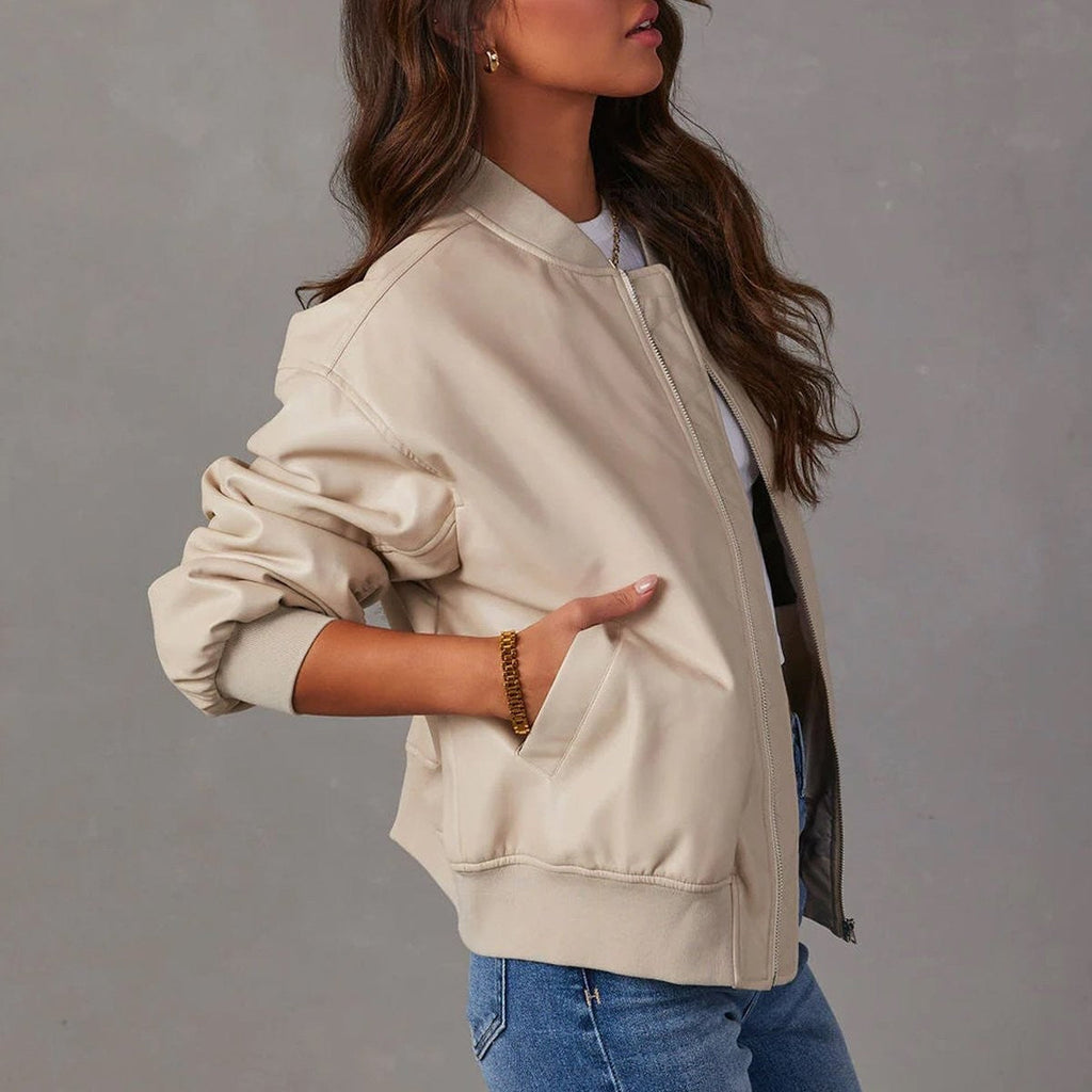 Mia | Women's Relaxed-Fit Vegan Leather Zip-Front Bomber Jacket