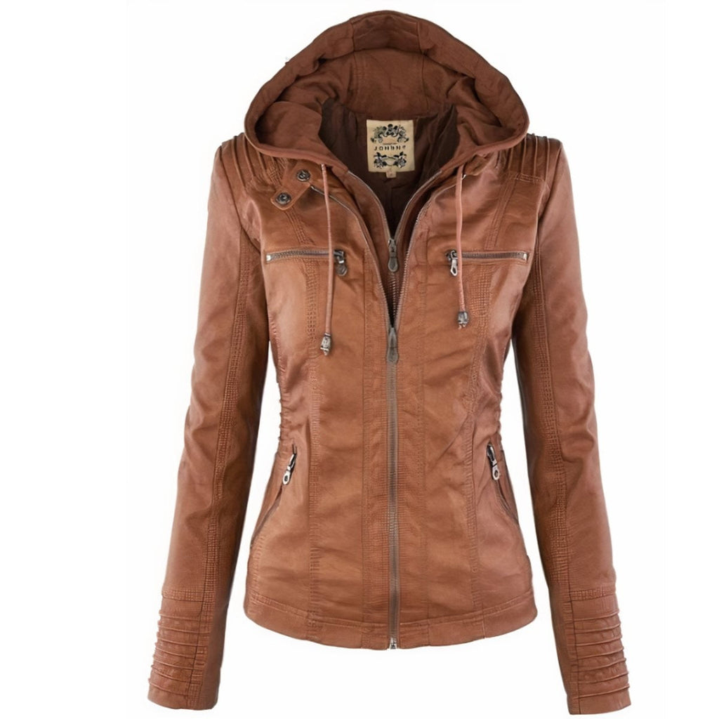 Sienna | Women's Removable-Hood Zip-Front Slim-Fit Vegan Leather Moto Jacket