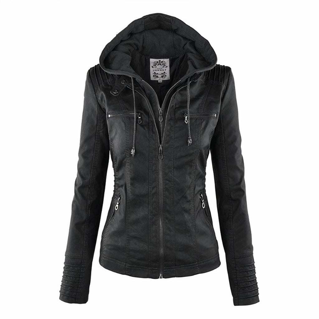 Sienna | Women's Removable-Hood Zip-Front Slim-Fit Vegan Leather Moto Jacket