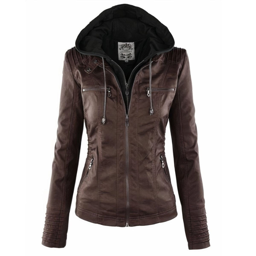 Sienna | Women's Removable-Hood Zip-Front Slim-Fit Vegan Leather Moto Jacket
