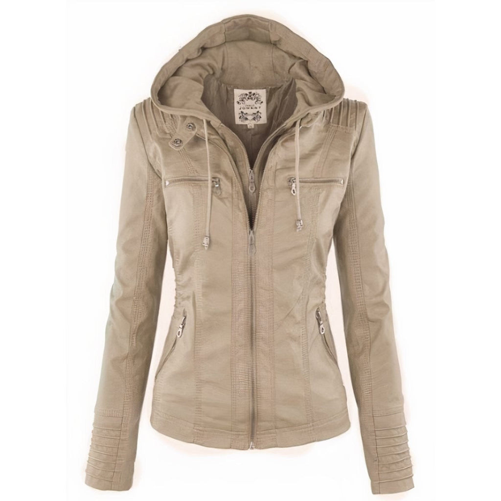 Sienna | Women's Removable-Hood Zip-Front Slim-Fit Vegan Leather Moto Jacket