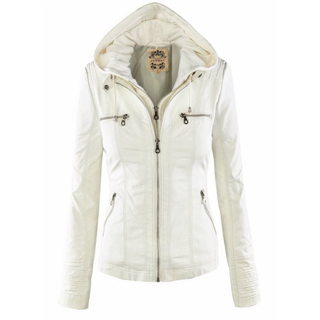 Sienna | Women's Removable-Hood Zip-Front Slim-Fit Vegan Leather Moto Jacket