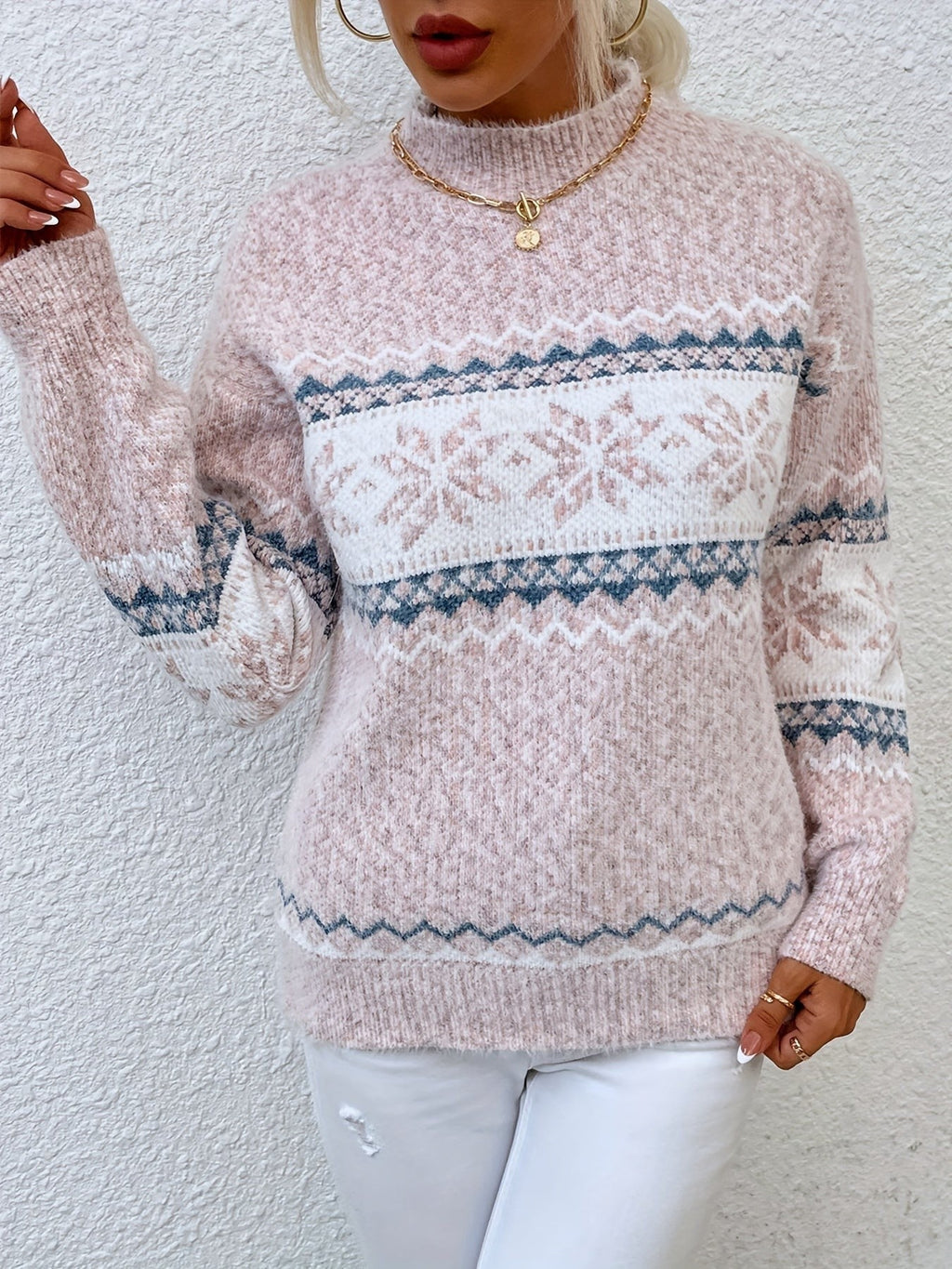 Tamsin | Women's Snowflake Fair Isle Mock-Neck Relaxed-Fit Christmas Jumper