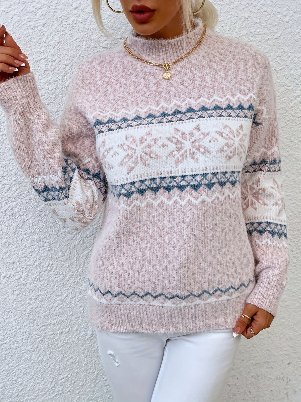 Tamsin | Women's Snowflake Fair Isle Mock-Neck Relaxed-Fit Christmas Jumper