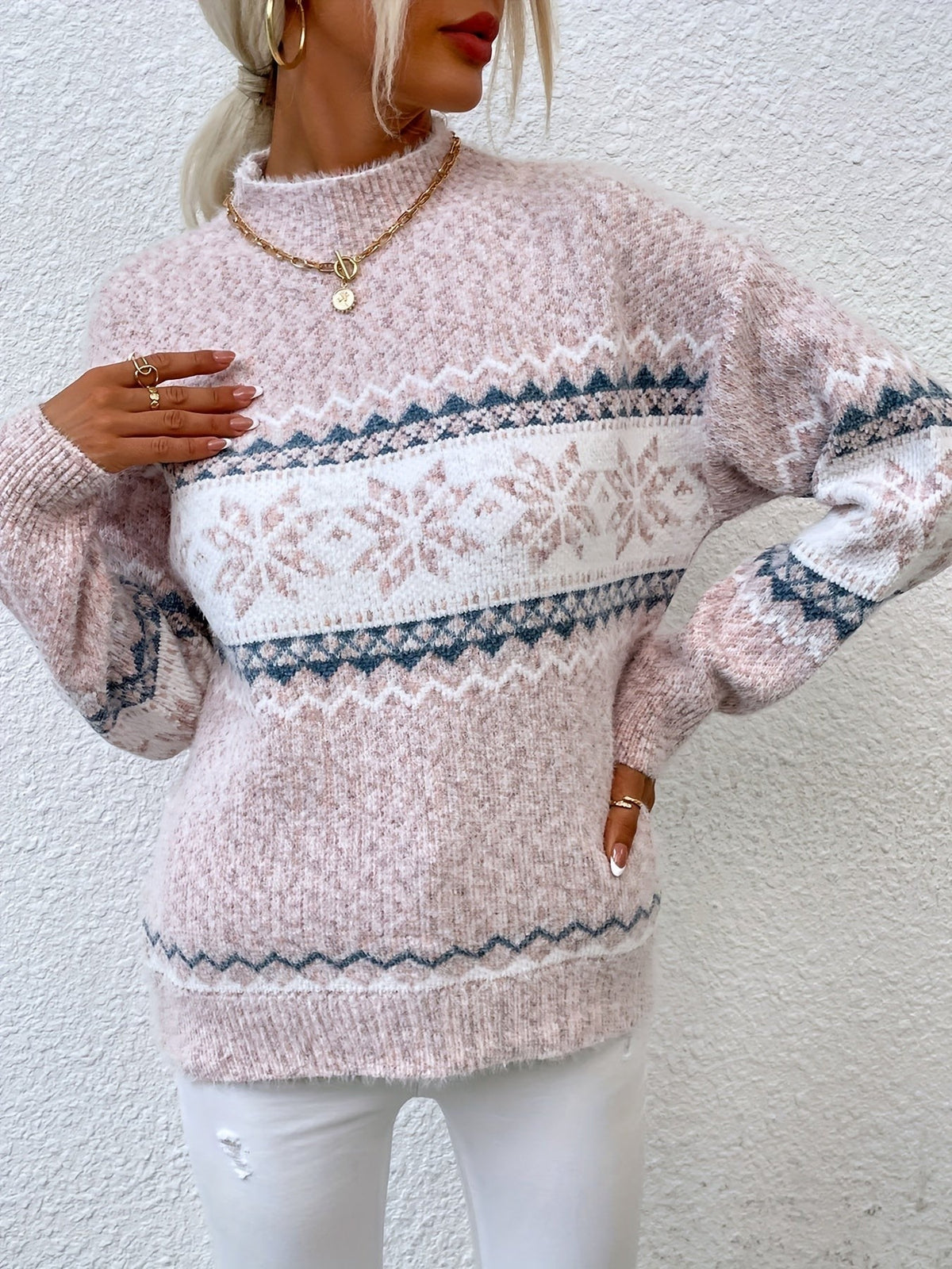 Tamsin | Women's Snowflake Fair Isle Mock-Neck Relaxed-Fit Christmas Jumper