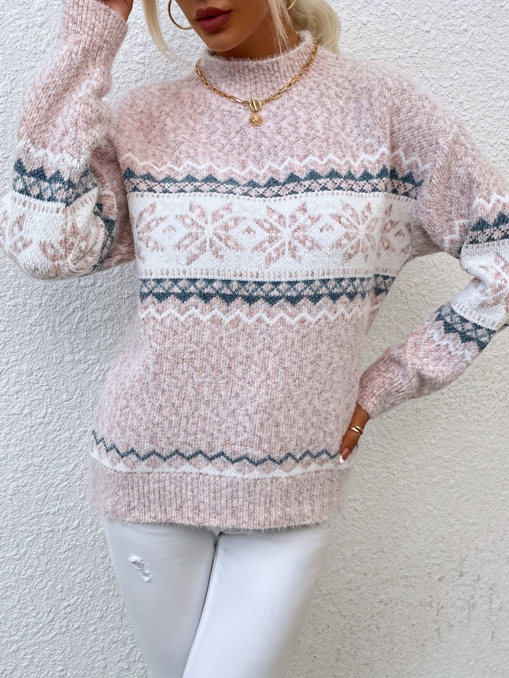Tamsin | Women's Snowflake Fair Isle Mock-Neck Relaxed-Fit Christmas Jumper