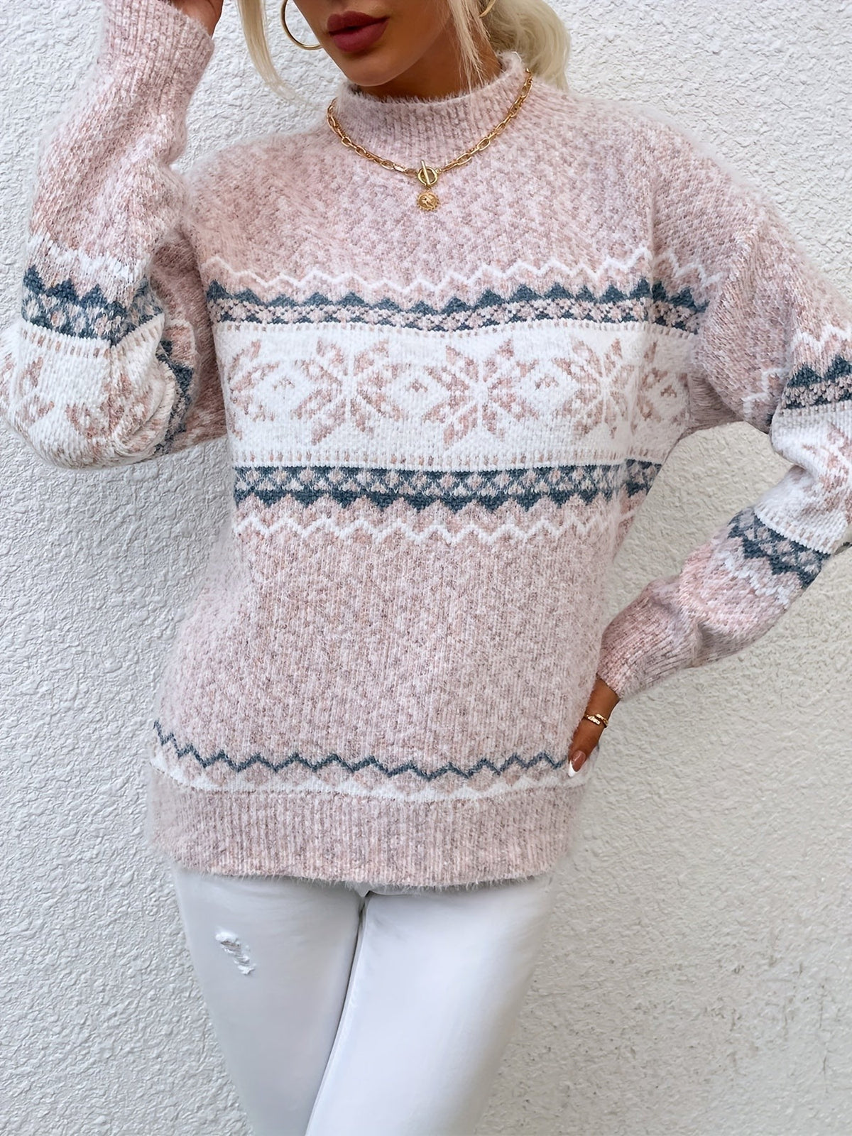 Tamsin | Women's Snowflake Fair Isle Mock-Neck Relaxed-Fit Christmas Jumper