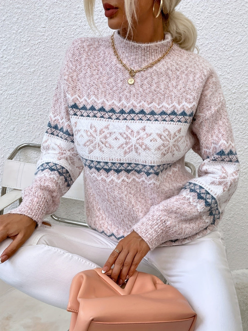 Tamsin | Women's Snowflake Fair Isle Mock-Neck Relaxed-Fit Christmas Jumper