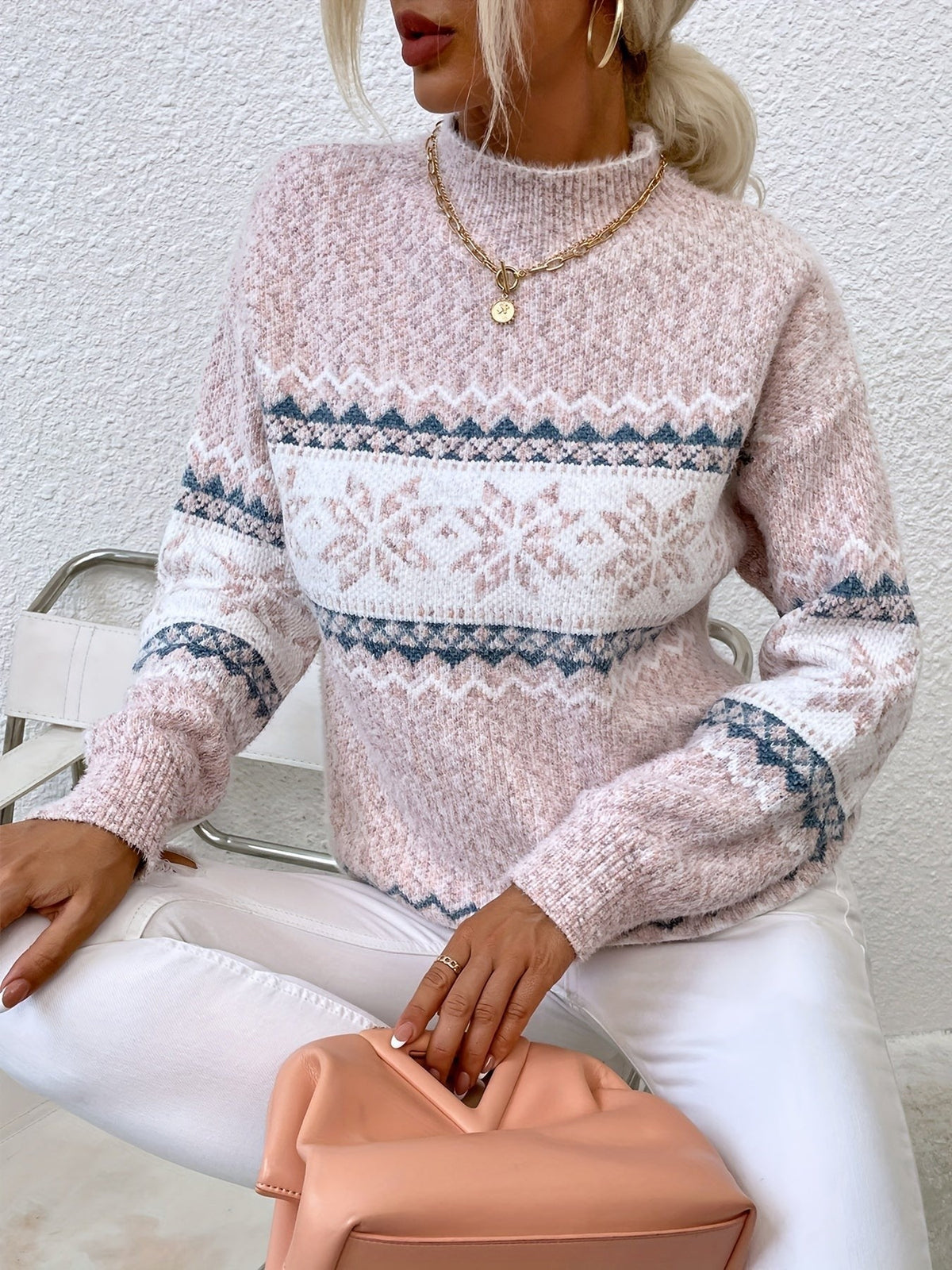 Tamsin | Women's Snowflake Fair Isle Mock-Neck Relaxed-Fit Christmas Jumper