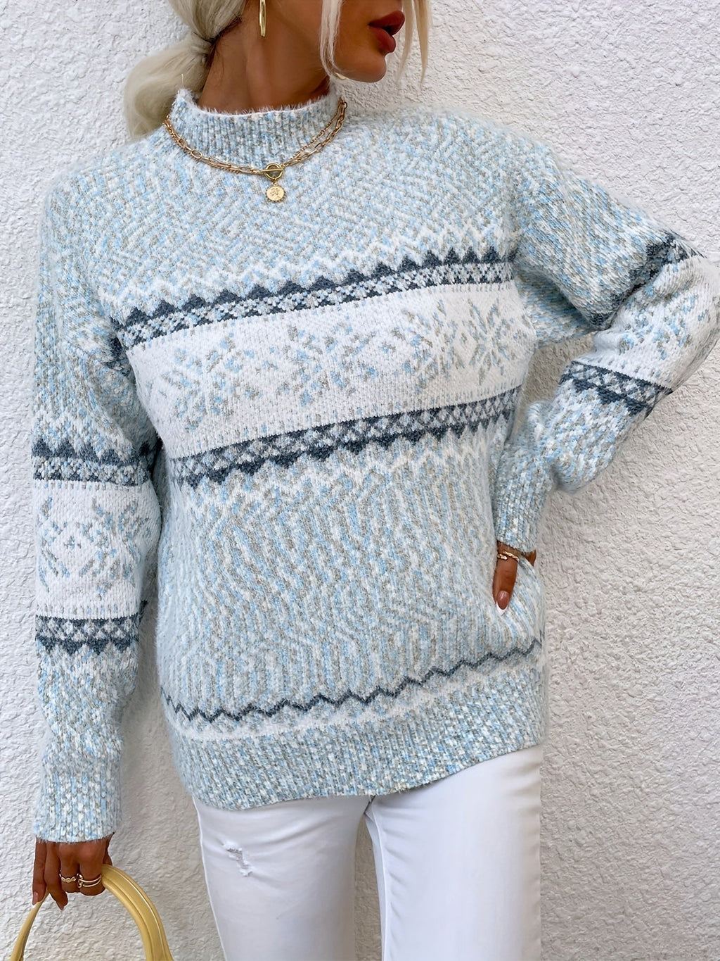 Tamsin | Women's Snowflake Fair Isle Mock-Neck Relaxed-Fit Christmas Jumper