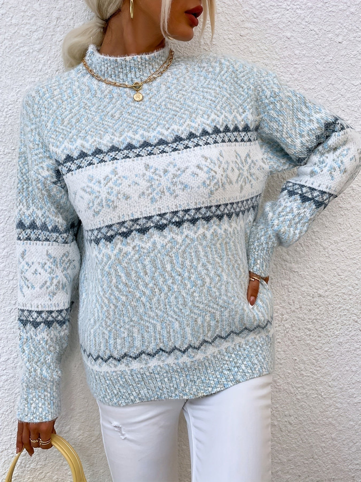 Tamsin | Women's Snowflake Fair Isle Mock-Neck Relaxed-Fit Christmas Jumper