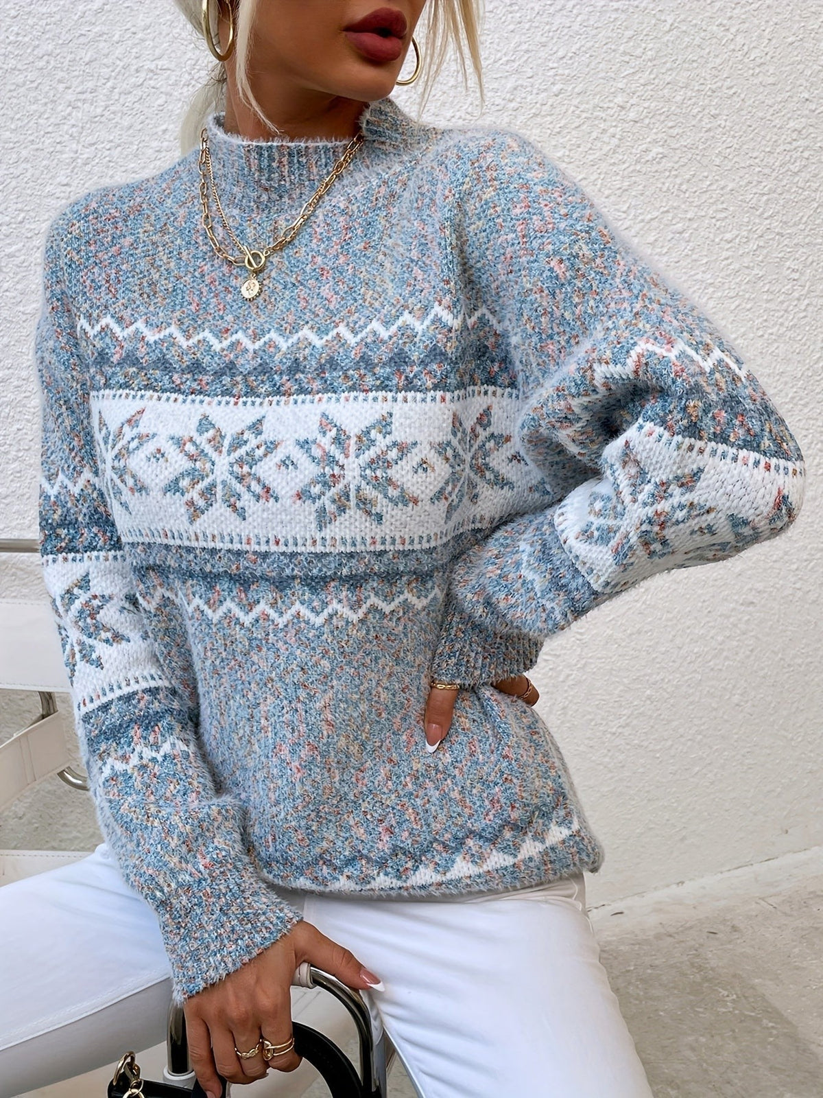 Tamsin | Women's Snowflake Fair Isle Mock-Neck Relaxed-Fit Christmas Jumper