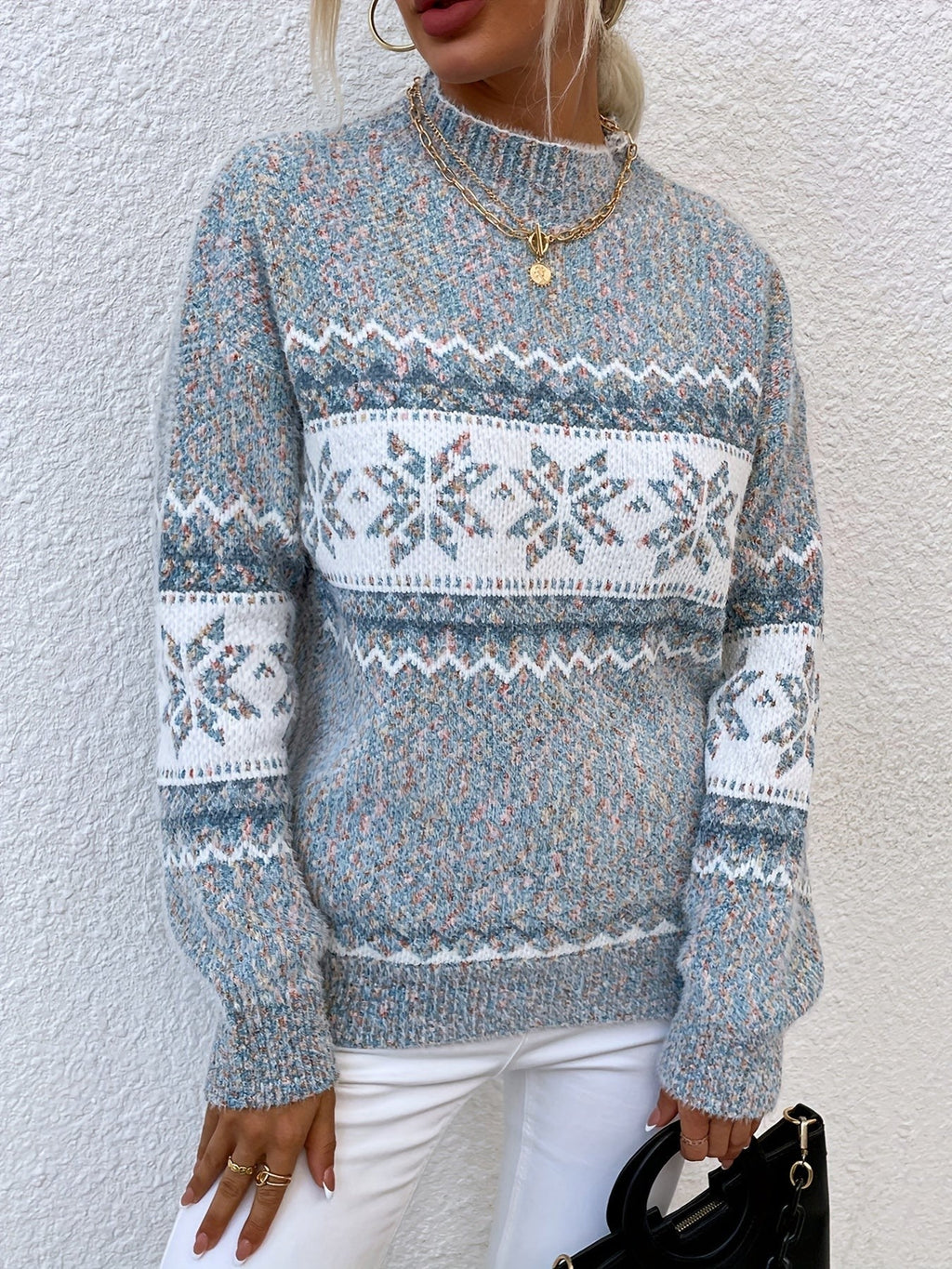 Tamsin | Women's Snowflake Fair Isle Mock-Neck Relaxed-Fit Christmas Jumper