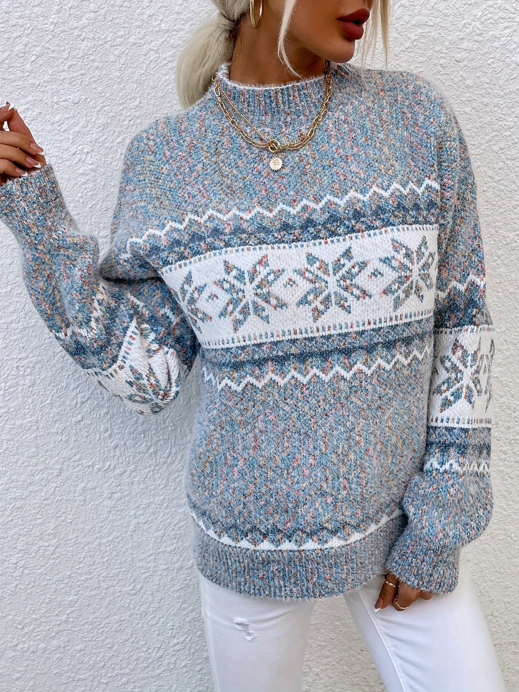 Tamsin | Women's Snowflake Fair Isle Mock-Neck Relaxed-Fit Christmas Jumper