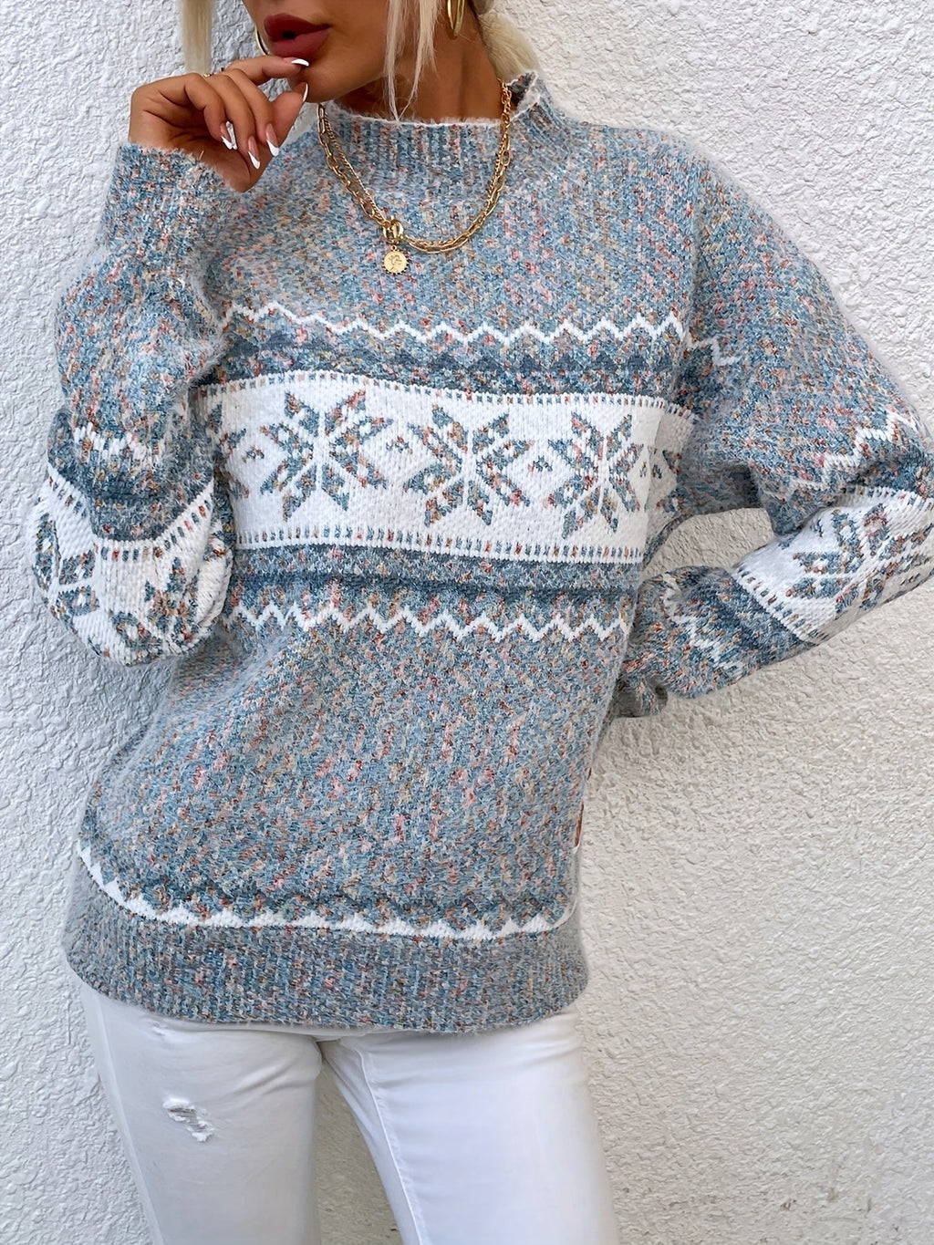 Tamsin | Women's Snowflake Fair Isle Mock-Neck Relaxed-Fit Christmas Jumper