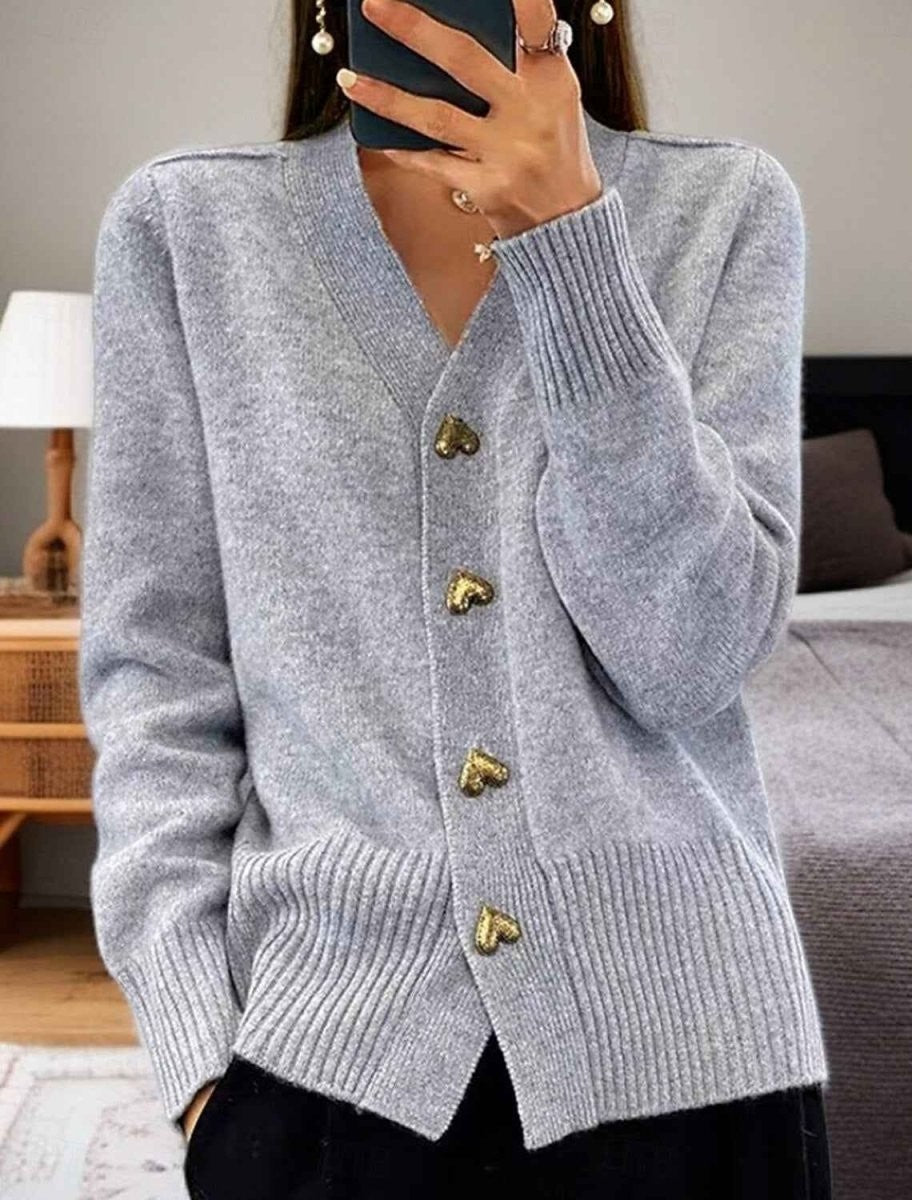 Amelie | Women's V-Neck Button-Front Heart-Button Relaxed-Fit Ribbed-Trim Cardigan