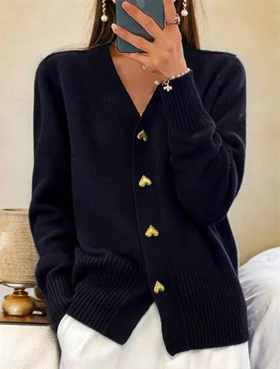 Amelie | Women's V-Neck Button-Front Heart-Button Relaxed-Fit Ribbed-Trim Cardigan