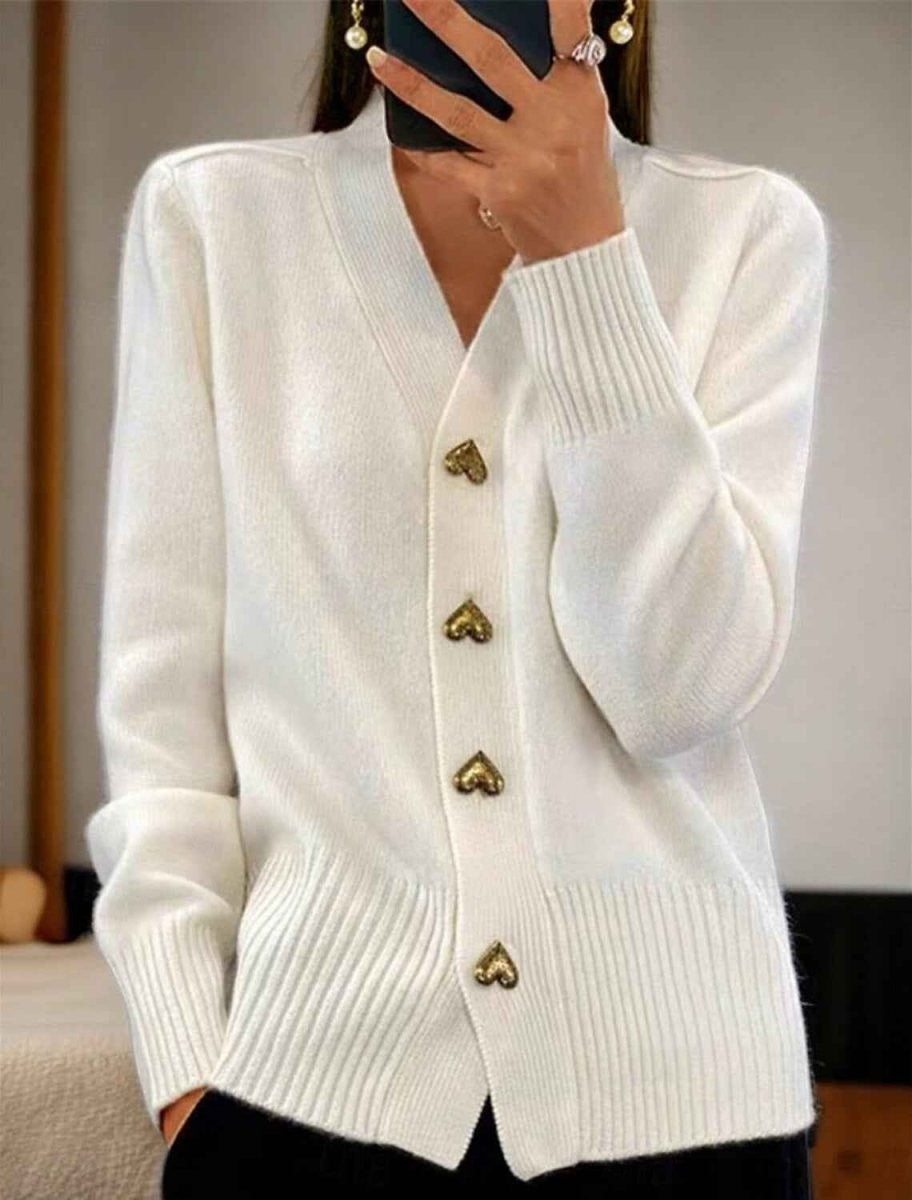Amelie | Women's V-Neck Button-Front Heart-Button Relaxed-Fit Ribbed-Trim Cardigan