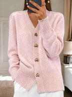 Amelie | Women's V-Neck Button-Front Heart-Button Relaxed-Fit Ribbed-Trim Cardigan