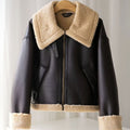 Freya | Women's Vegan Leather Shearling-Trim Buckle-Strap Zip-Up Winter Aviator Jacket