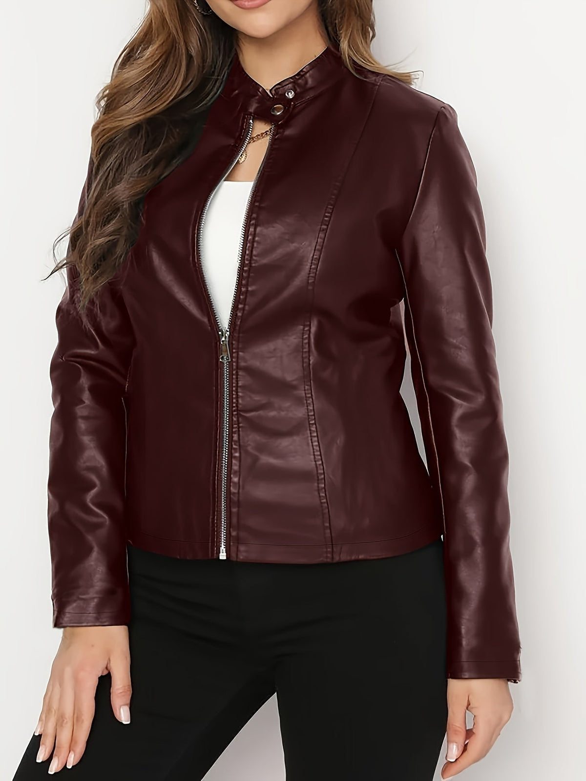Sienna | Women's Vegan Leather Zip-Front Stand-Collar Fitted Moto Jacket